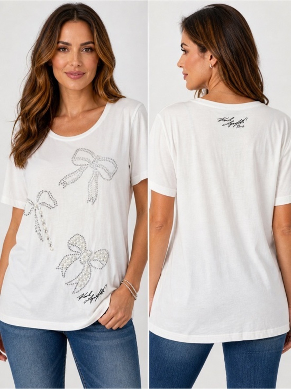 Karl Lagerfeld Paris Women’s Pearl Rhinestone Bow Logo Tee White Stretch Top L